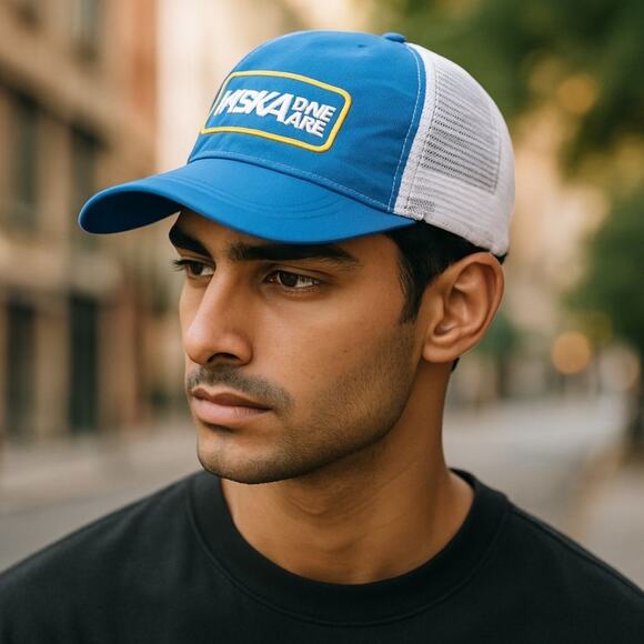 Hoka One One Blue White Mesh Snapback Trucker Hat Cap “TIME TO FLY” Print - Picture 1 of 6